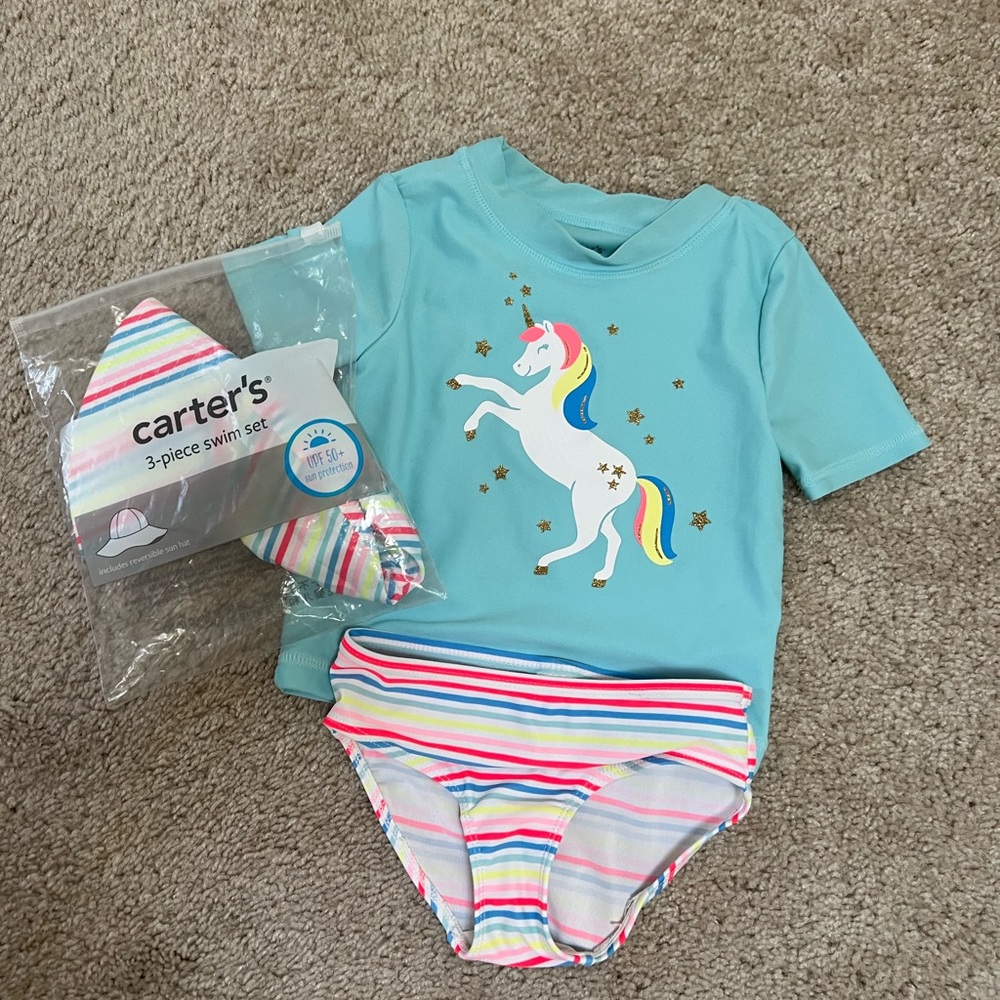 Carters Toddler rash guard short sleeve swim set matching hat unicorn design